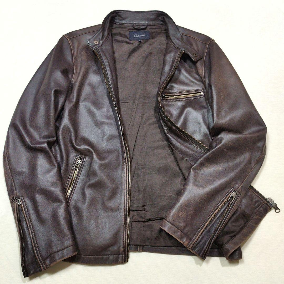 コレクティブ メンズビギ　シープスキンライダースジャケット　ユーズド加工　茶　L