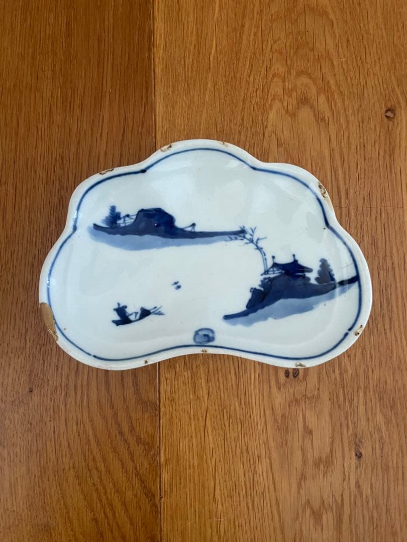 染付　松葉型　皿　金継ぎ　古物　古道具