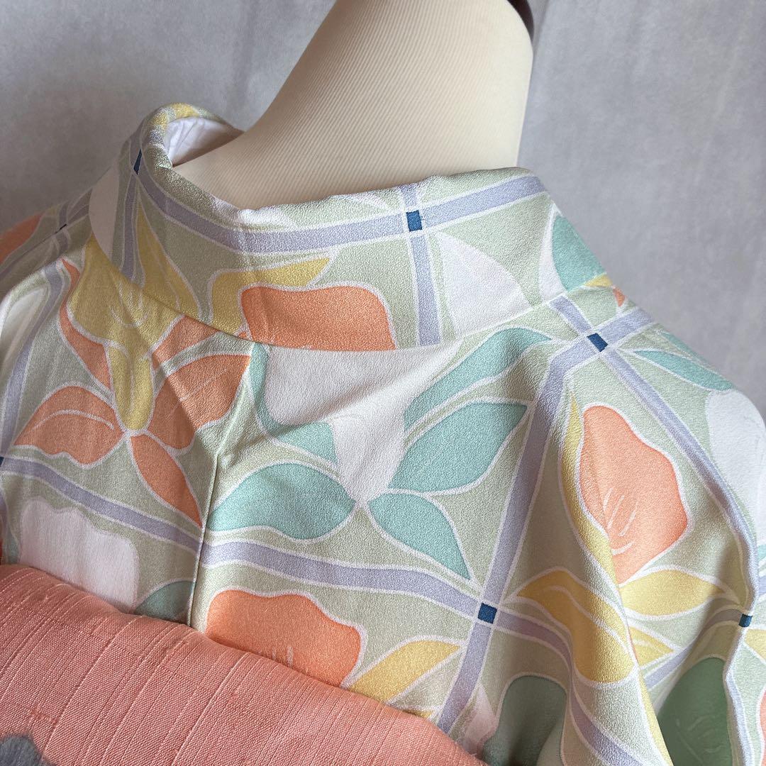 小紋　フルセット　着物　正絹　パステルカラー　紬の帯　しつけ付き　普段着物　J6