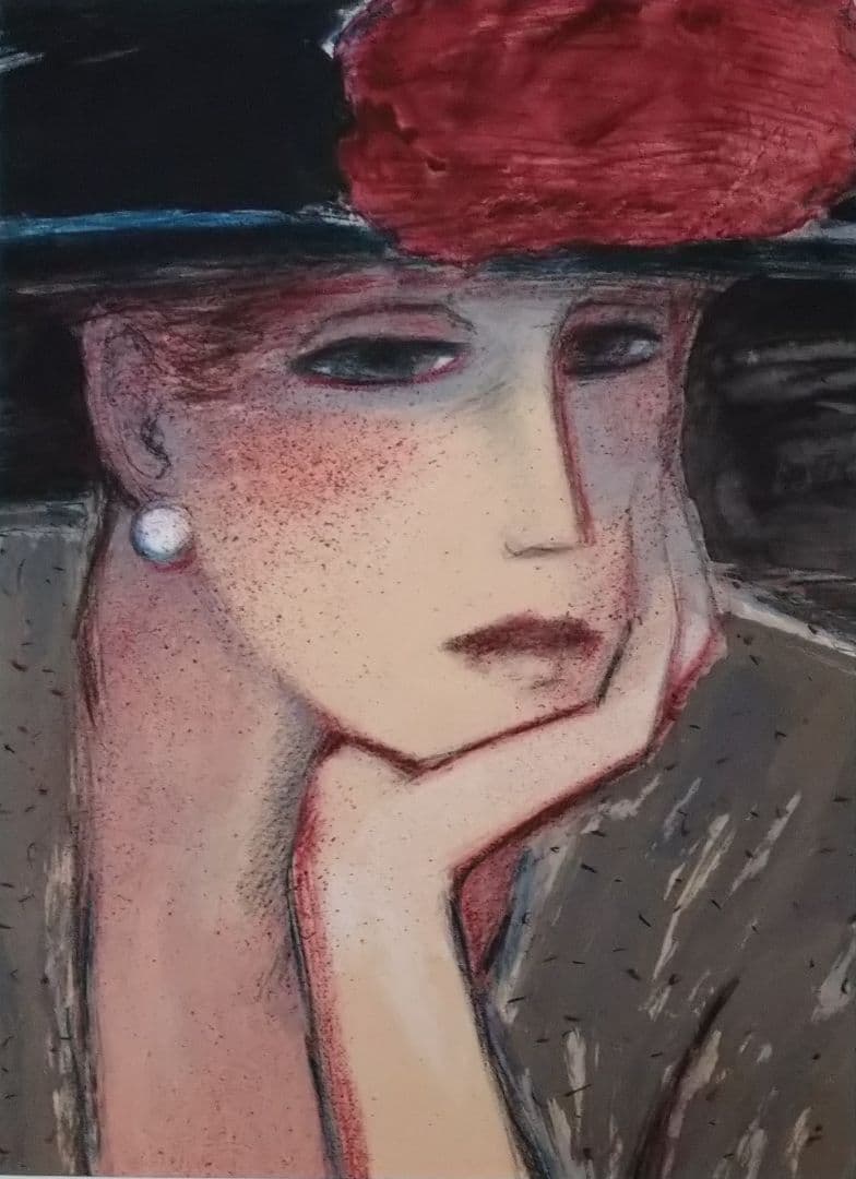 Ｊ・P・カシニョールのリトグラフ　「赤い花飾りの帽子」