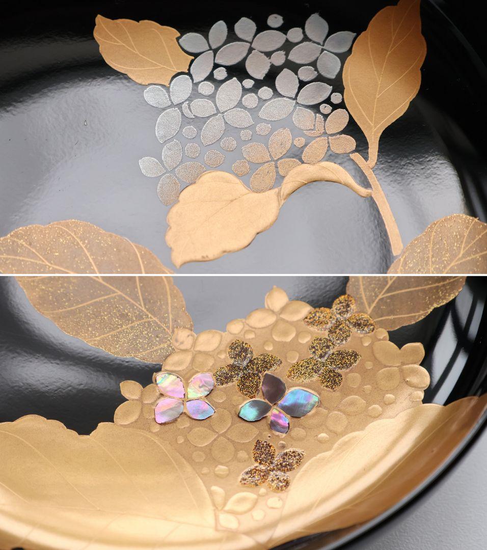 【MB190】天然木漆塗 紫陽花と葵 金蒔絵 螺鈿入 黒塗 煮物椀 五客 昭和期