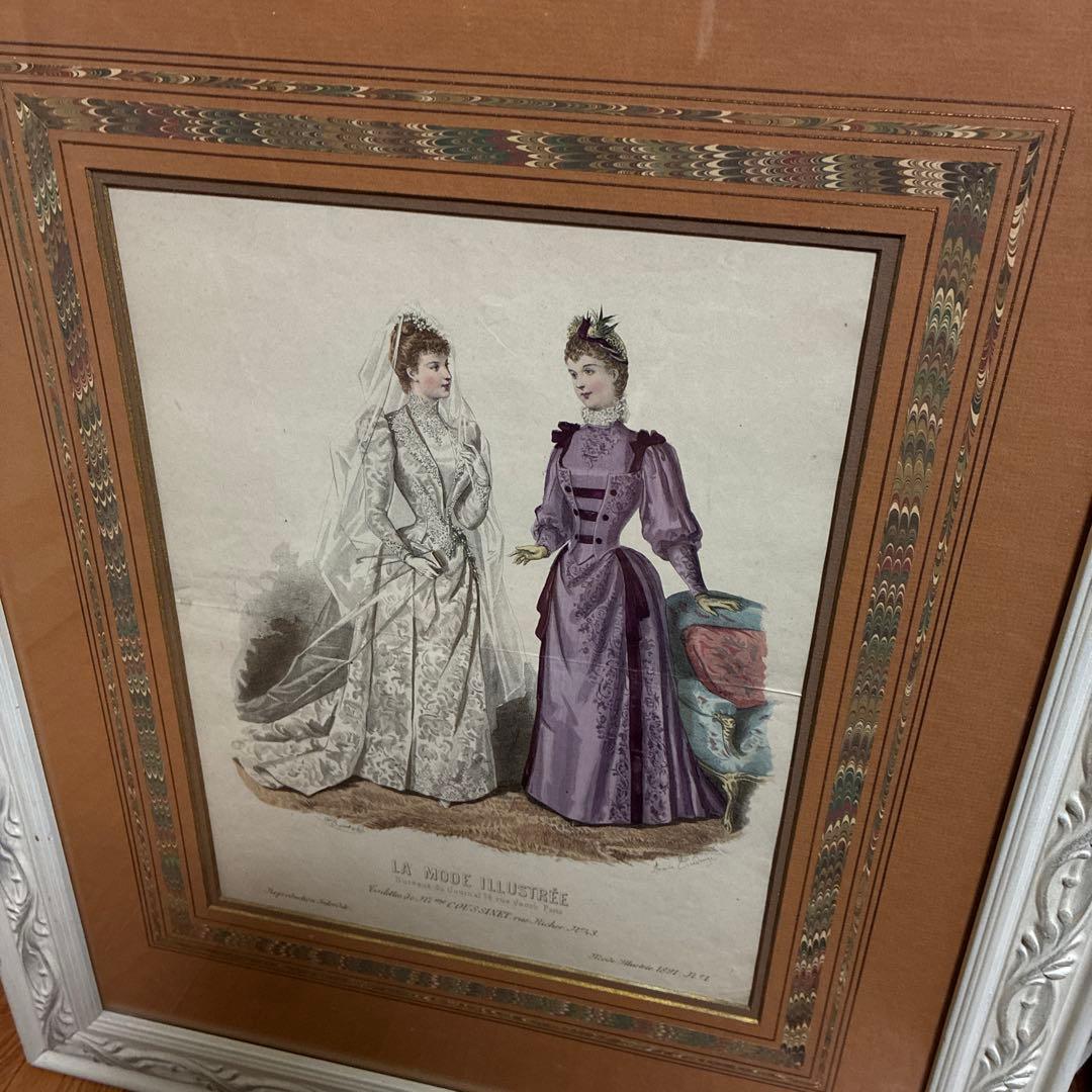 フランスアンティーク貴婦人版画　マーブル額装　最大サイズ