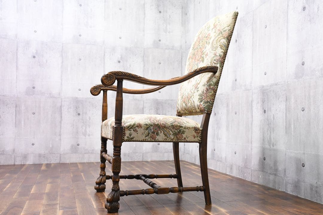EIC27 英国アンティーク アームチェア オーク無垢材 ゴブラン張り 単鋲打ち