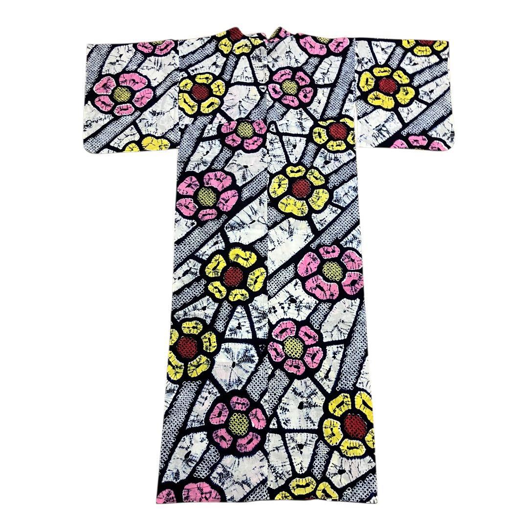 有松鳴海絞り 浴衣 ホワイト ネイビー 花柄 黄色 ピンク 綿 裄69cm 手縫