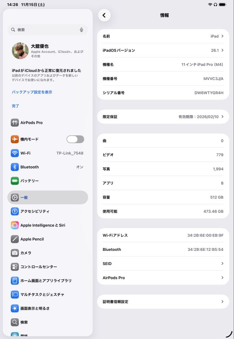 L*s様 Apple iPad Pro 11インチ スペースグレー 本体　M4