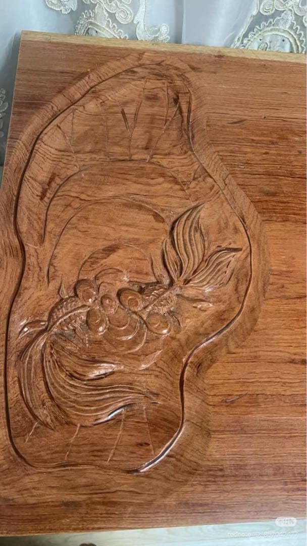 一枚板 木製彫刻座卓 X型脚 茶色 大きめ