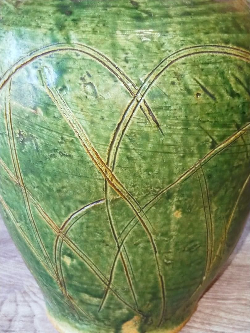 ♥魯山人写し　織部　秋草文　双耳　花器　桐箱付き　花瓶　骨董品