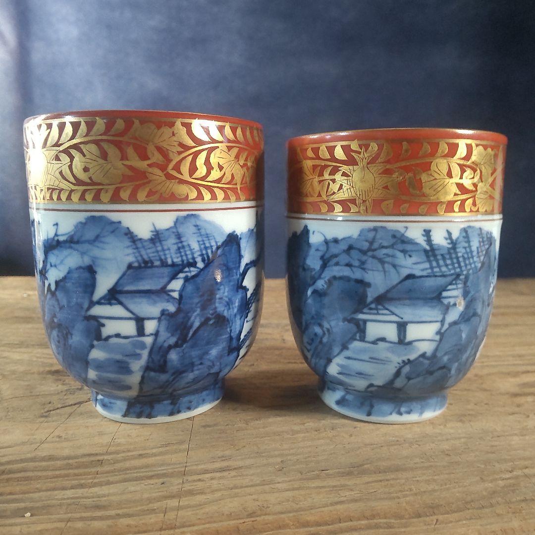 京焼 清水焼 金襴青華山夫婦茶碗　五座五重　2点セット