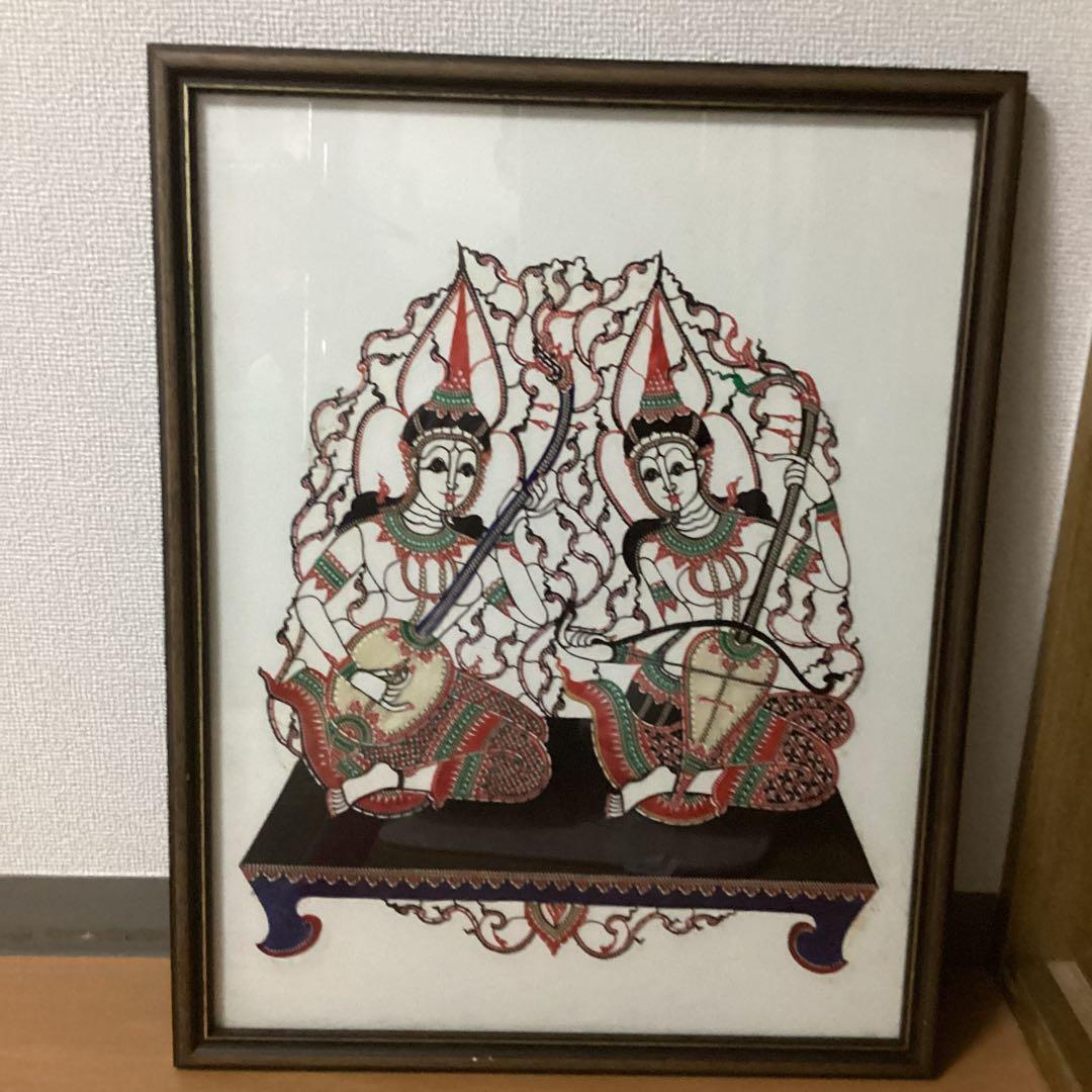 インドネシア　民芸品　布製カロチャ刺繍調　リシェリュ風カットワーク 　木枠額装