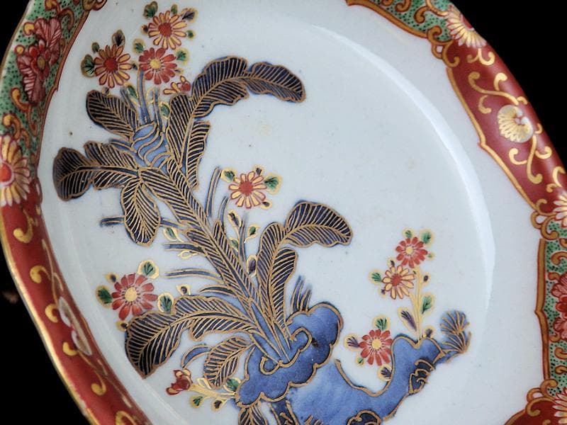 古伊万里　色絵　芭蕉葉に花の図　５寸皿　２枚　A674AS-CFw