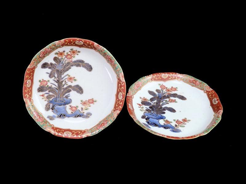 古伊万里　色絵　芭蕉葉に花の図　５寸皿　２枚　A674AS-CFw