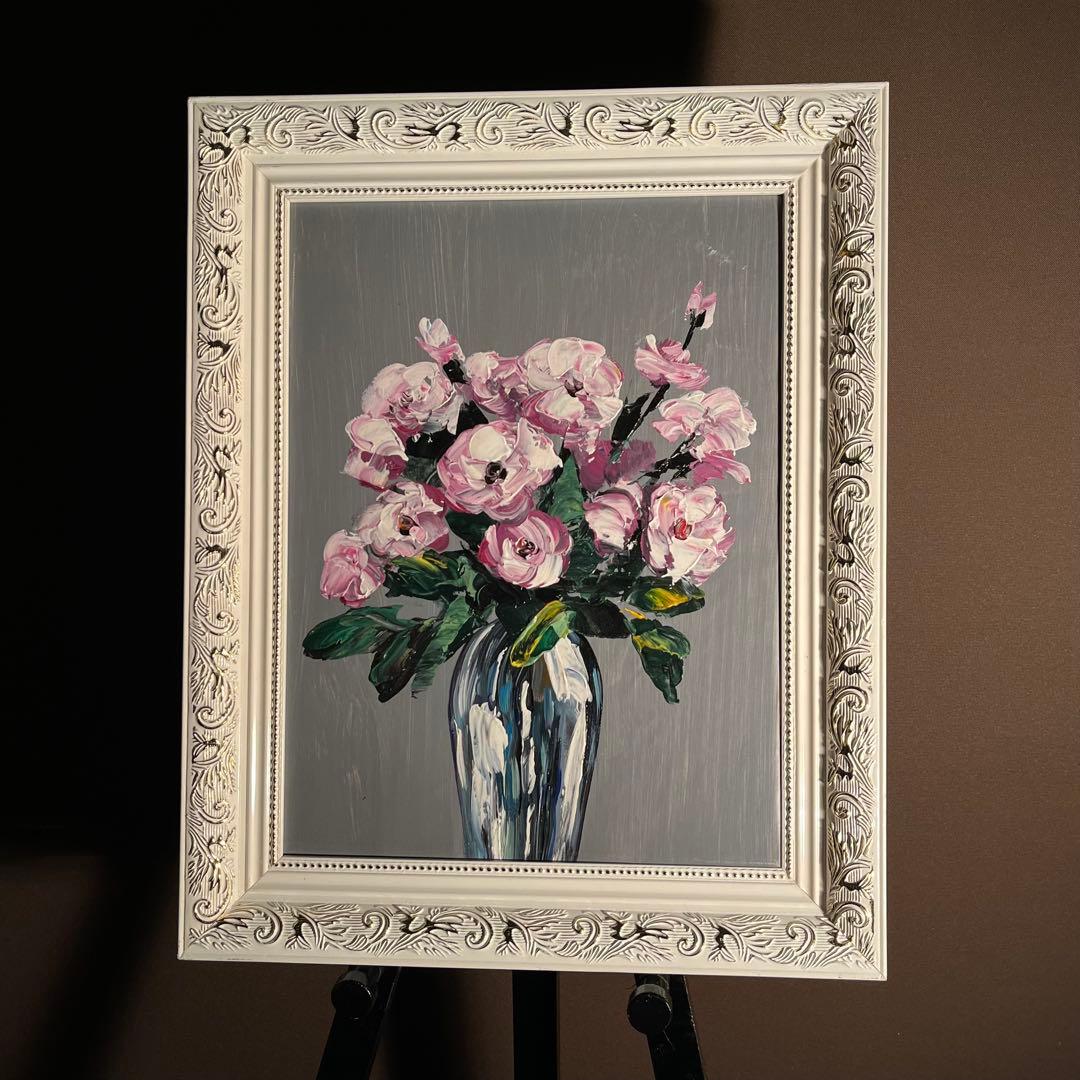 手書き油絵 花瓶の花 額付き 肉筆絵画 インテリア 油彩画