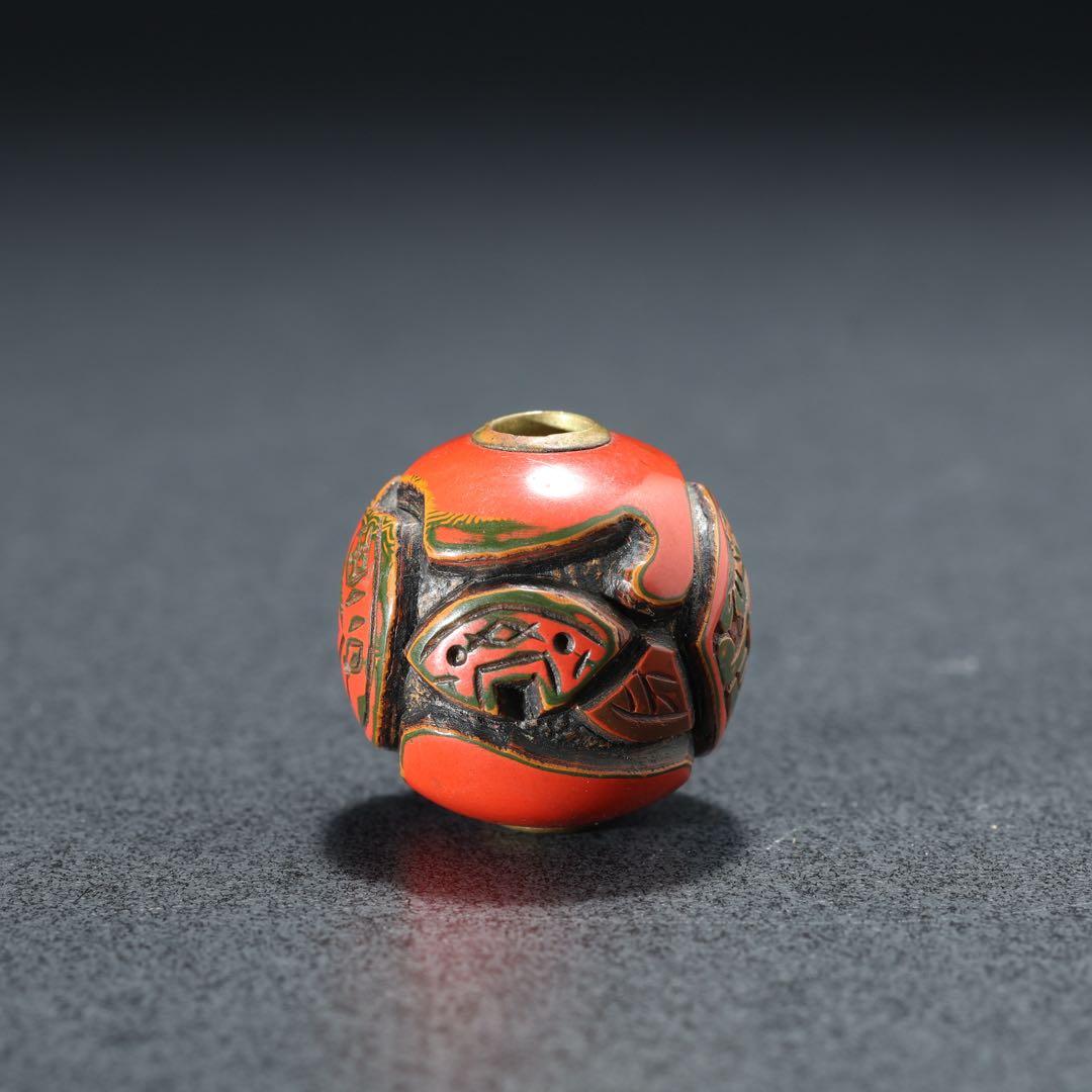 緒締め玉　堆朱　古銭文様　骨董　胴乱　印籠　R1439