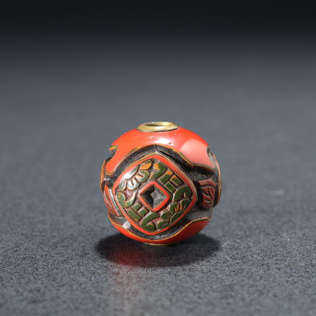 緒締め玉　堆朱　古銭文様　骨董　胴乱　印籠　R1439