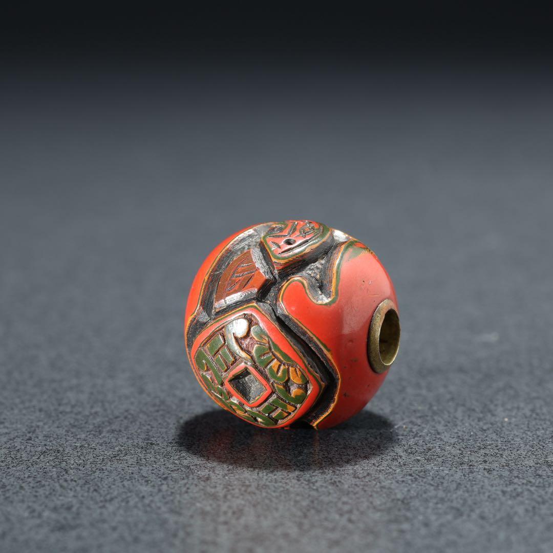 緒締め玉　堆朱　古銭文様　骨董　胴乱　印籠　R1439