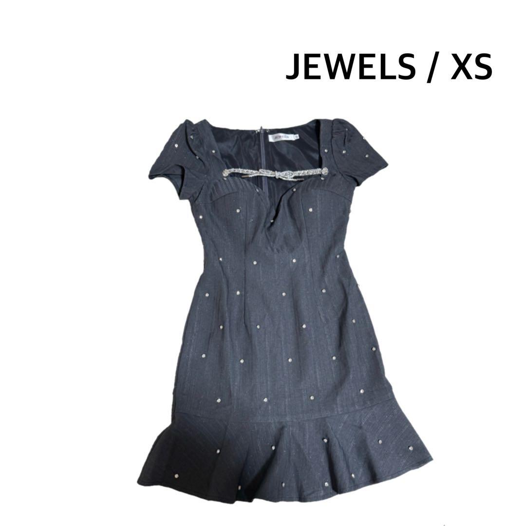 即購入◎ JEWELS ビジューリボンマーメイドミニドレス グレー