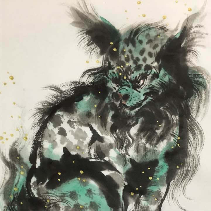 座る獅子、和紙24cm×33cm、墨