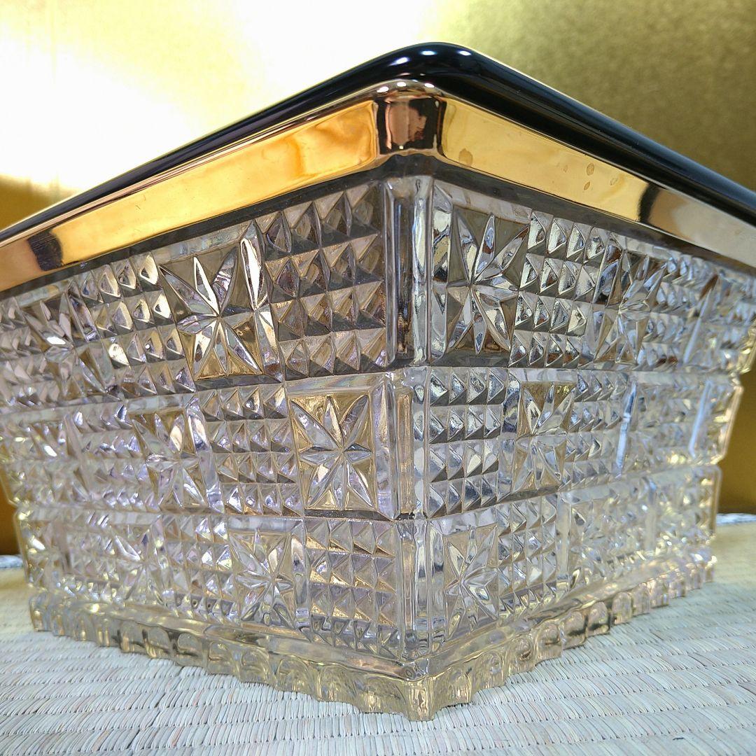 義山水指水差しガラス硝子四方真漆蓋付水崎長寿作金彩縁金切子未使用共箱共布茶道具