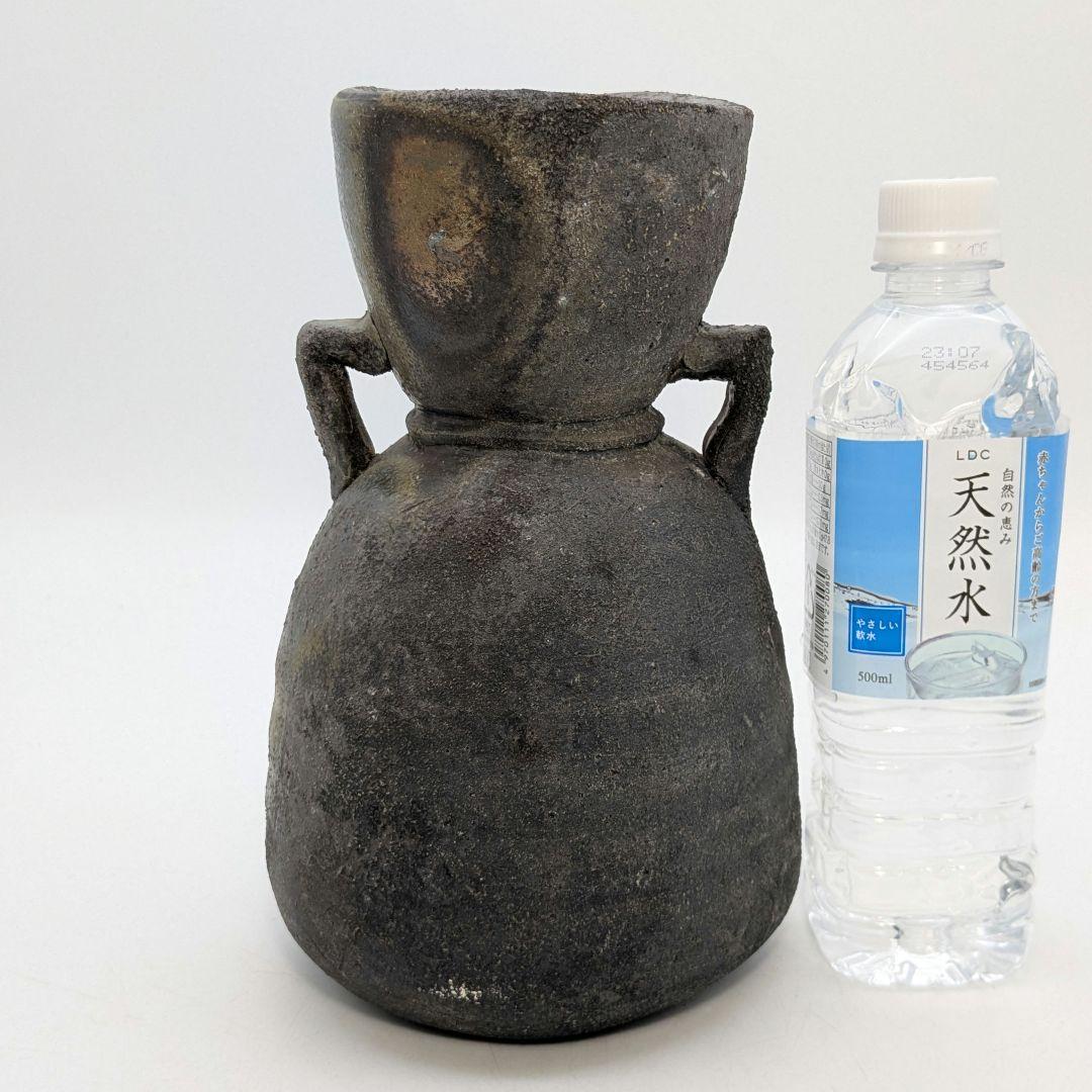 末石泰節 備前焼 窯変耳付花入 合箱合布栞 花器 フラワーベース 花瓶 置物