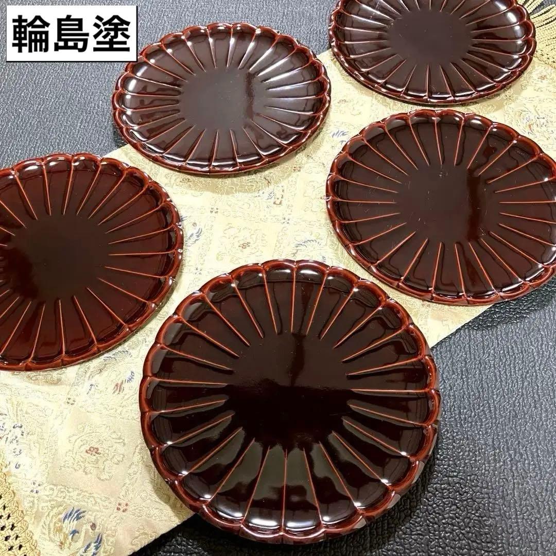 輪島塗　漆塗　菓子皿　菓子器　銘々皿　多用皿　椿皿　青梅盆　5客セット