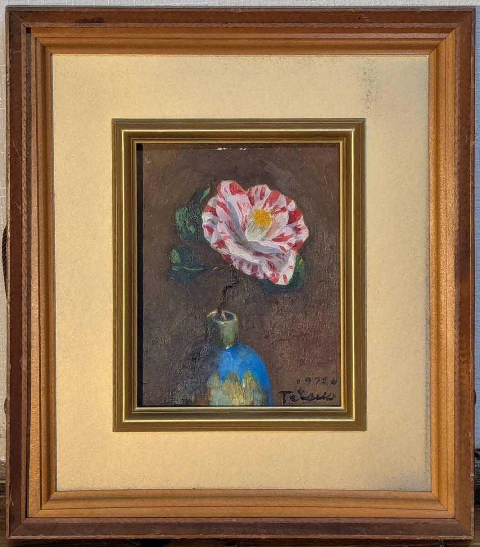 【真作】絵画　ほしのてつを　油彩0号（板絵）　椿　1972年作　静物画　X167