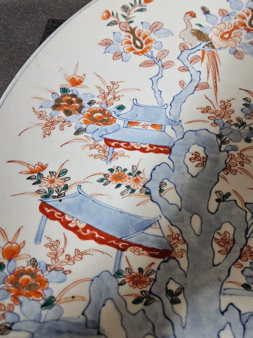 1尺5寸大皿❗】江戸時代末期～明治初期　古伊万里　染錦　金彩色　鶏に尾長鳥図大皿