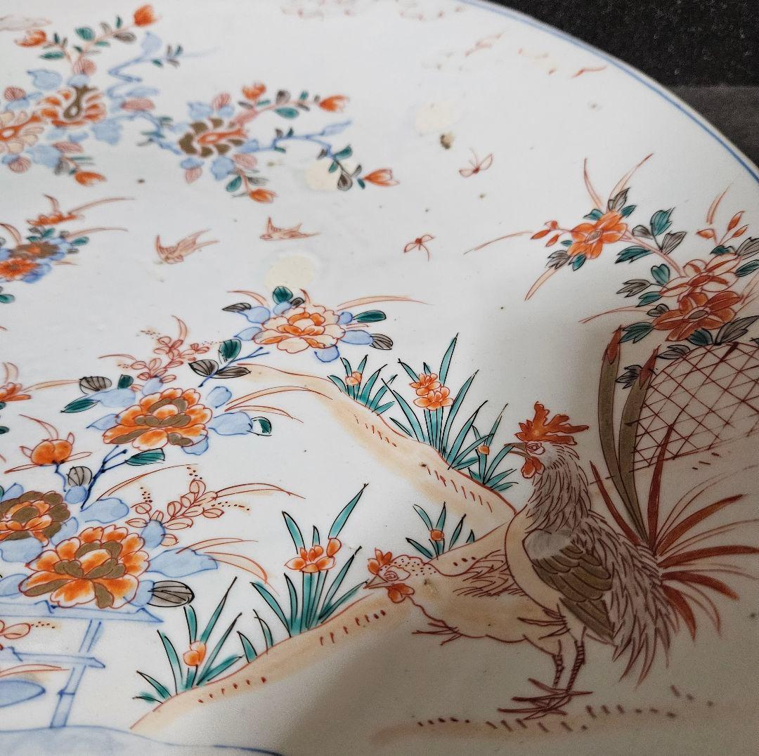 1尺5寸大皿❗】江戸時代末期～明治初期　古伊万里　染錦　金彩色　鶏に尾長鳥図大皿