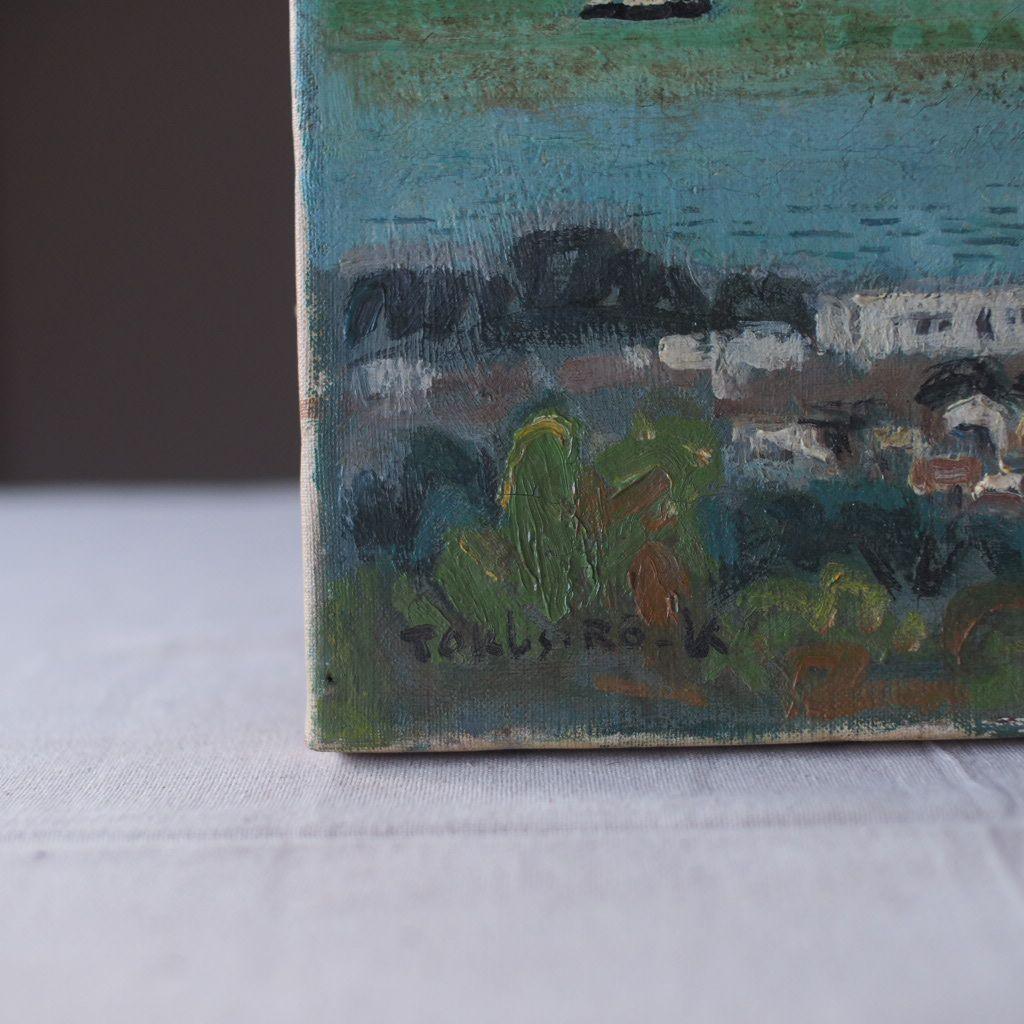 海と山の風景 油彩画 古道具