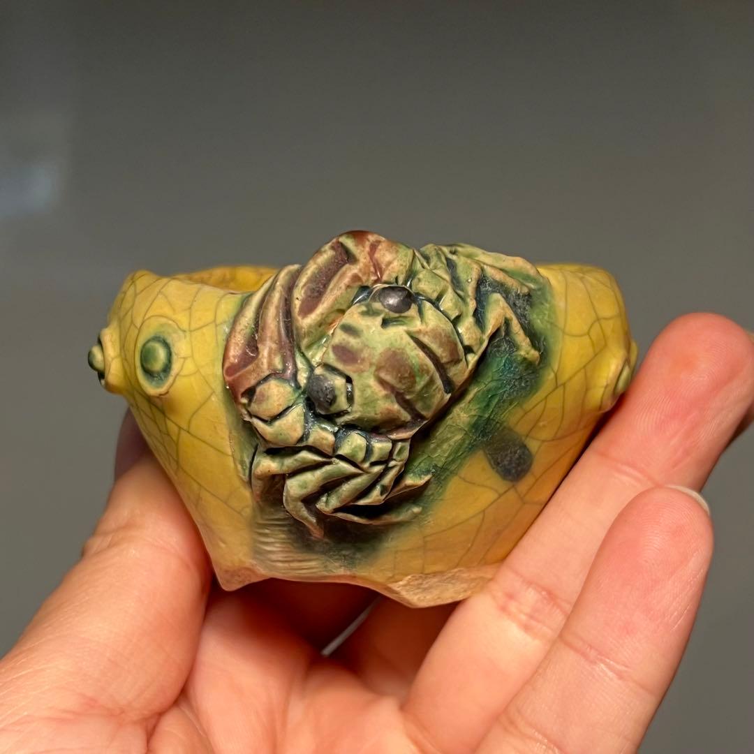 725.古本正志 黄釉蟹彫鼓鉢丸鉢 盆栽鉢 植木鉢 7.5*4.2cm