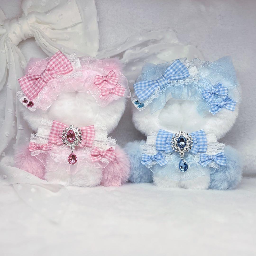 おすわりぬい服　10cm用　チェックリボンねこちゃん　ピンク、水色　輪っか付き