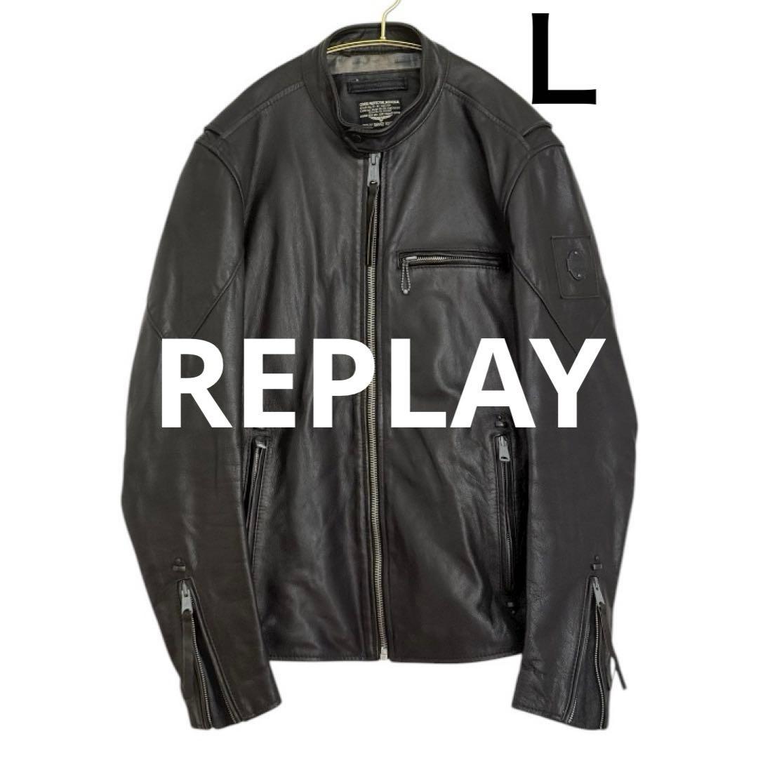 [REPLAY]リプレイ牛革ブラックシングルレザーライダースジャケット