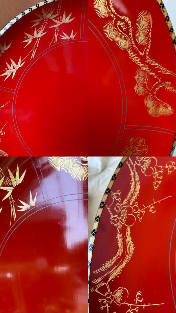 輪島塗 朱塗 沈金 松竹梅 菖蒲 菊 漆器 極上本堅地 角知漆器 飾り皿大皿弍枚