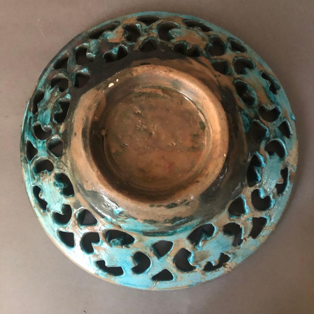 ペルシャ陶器　骨董　青瓷窯　花草文様　飾皿　イスラエル陶器　古美術