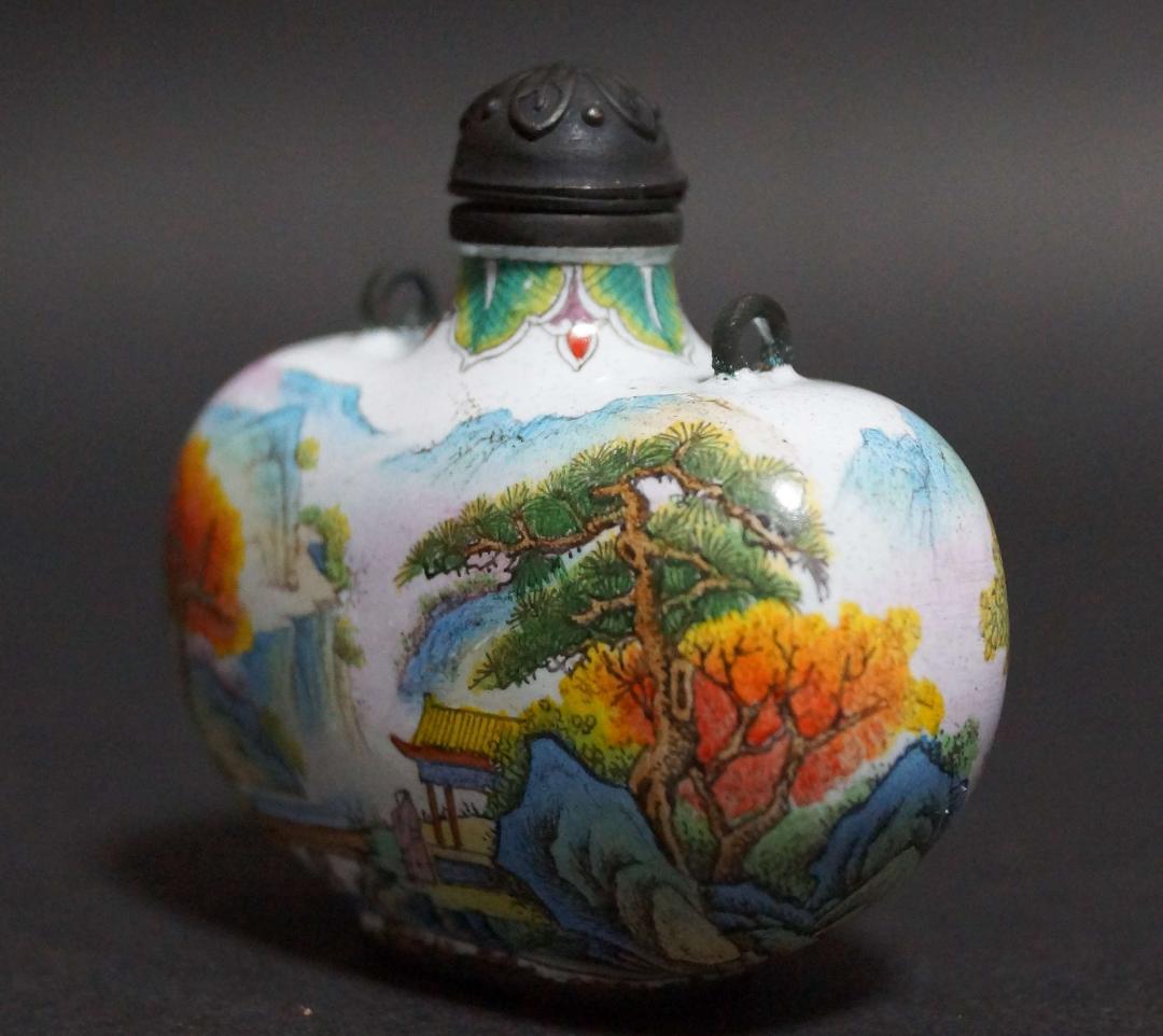 清 乾隆年製 銅胎 琺琅彩『山水風景楼閣人物図』 鼻煙壺 時代物 古賞物 極細工