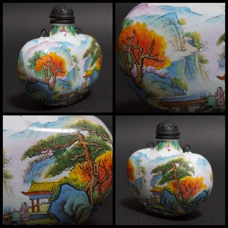 清 乾隆年製 銅胎 琺琅彩『山水風景楼閣人物図』 鼻煙壺 時代物 古賞物 極細工