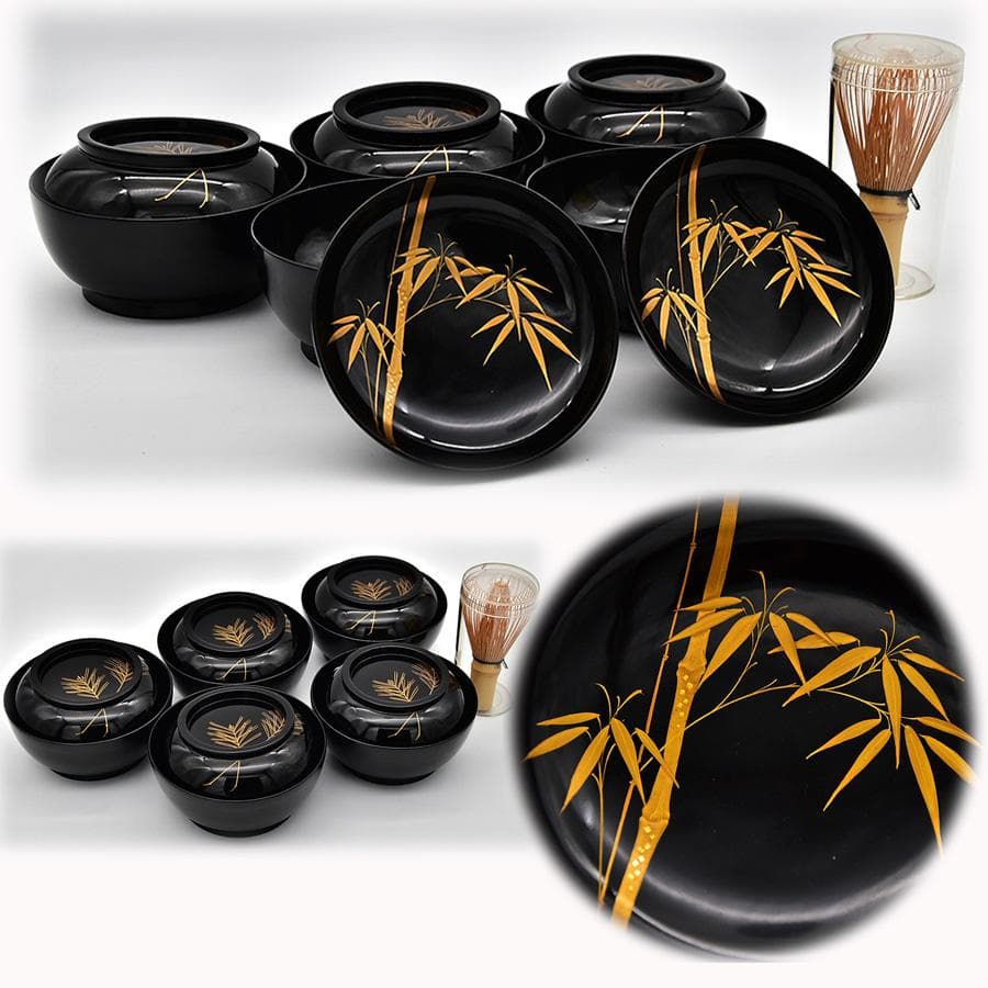 美品 輪島塗 木製 黒漆塗 竹に梅 金蒔絵 切金 吸い物椀 五客 漆器 漆芸