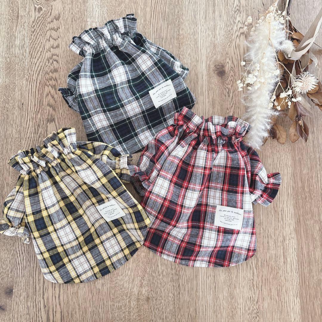 ハンドメイド　韓国生地タータンチェック　立ち襟ふんわりチュニック　紅葉にも♡