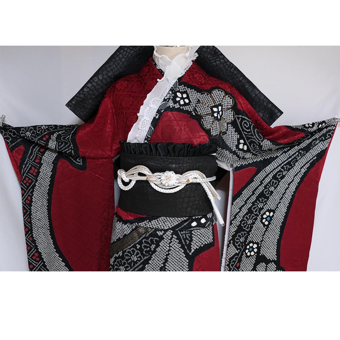 振袖と帯締め2点セット■丈166cm赤黒成人OR44