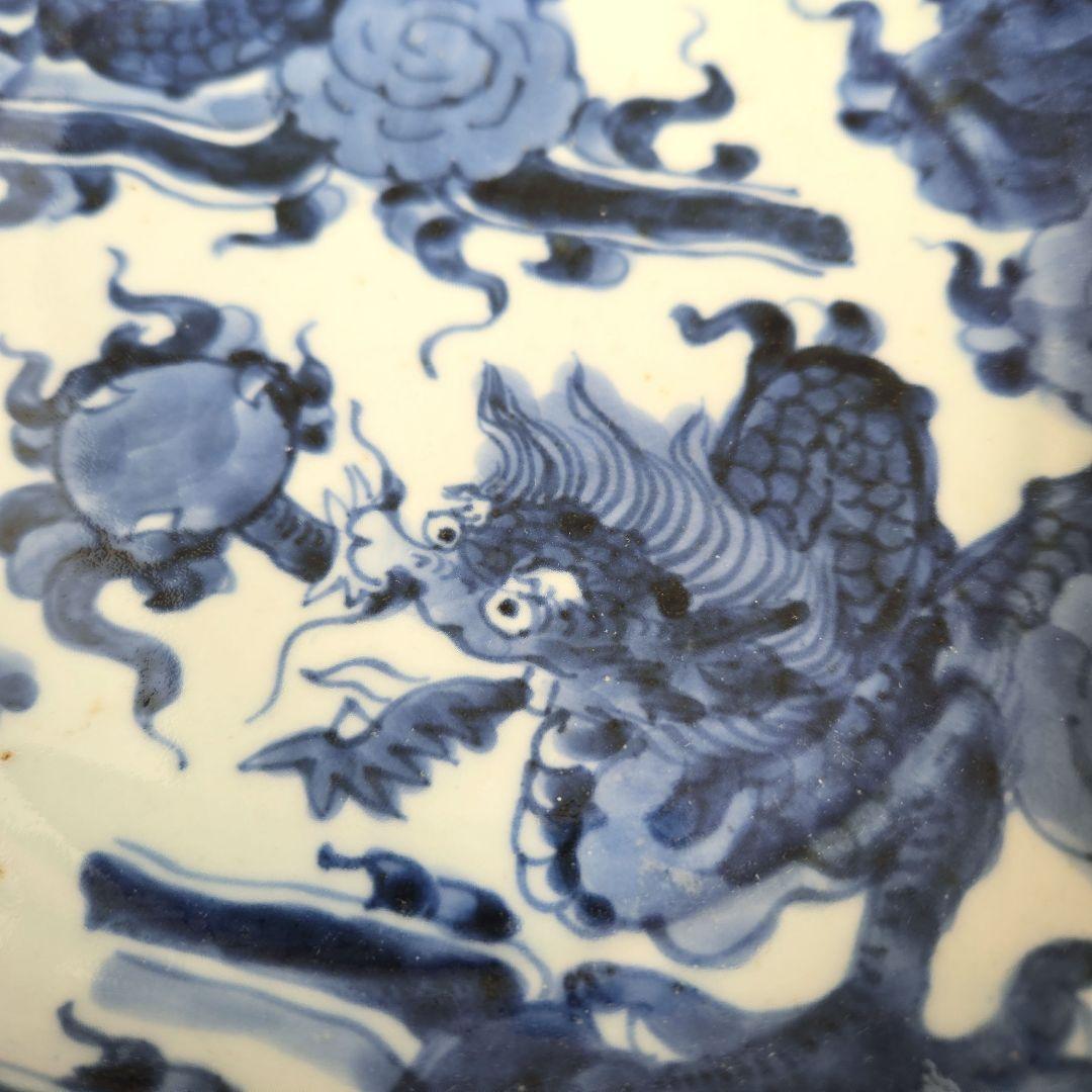 古伊万里　染付　隅入角皿　江戸時代　龍　ドラゴン　金直し　金継ぎ　骨董　和骨董