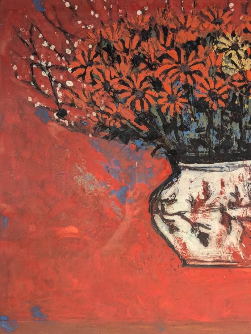 【真作】絵画　上野泰郎　日本画12号　花　大胆な色彩　共シール　箱入　V104