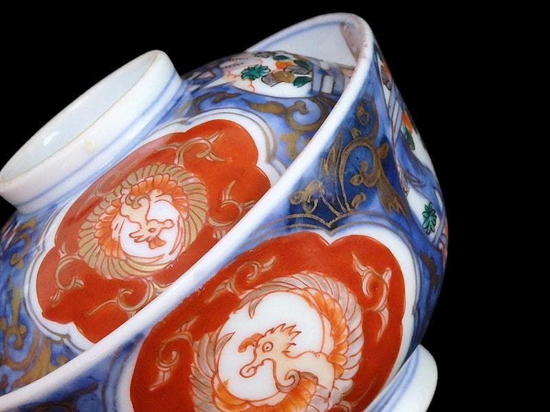 古伊万里　金襴手　鳳凰に果実の図　蓋茶碗　２客　D830AS-fbti