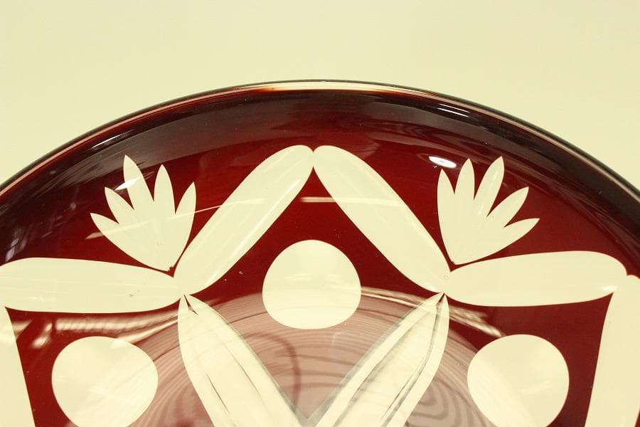 レトロ アンティーク 赤色切子 皿 未使用(ZE458)