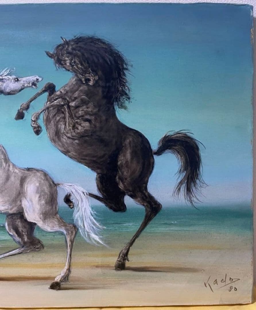 角浩　『海辺』1980年作 油彩画 原画 真作保証 額装