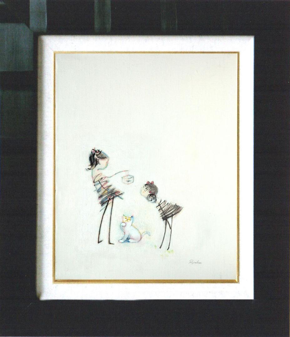 油絵 絵 絵画 インテリア 額付(黒) F4-030819 猫と女の子