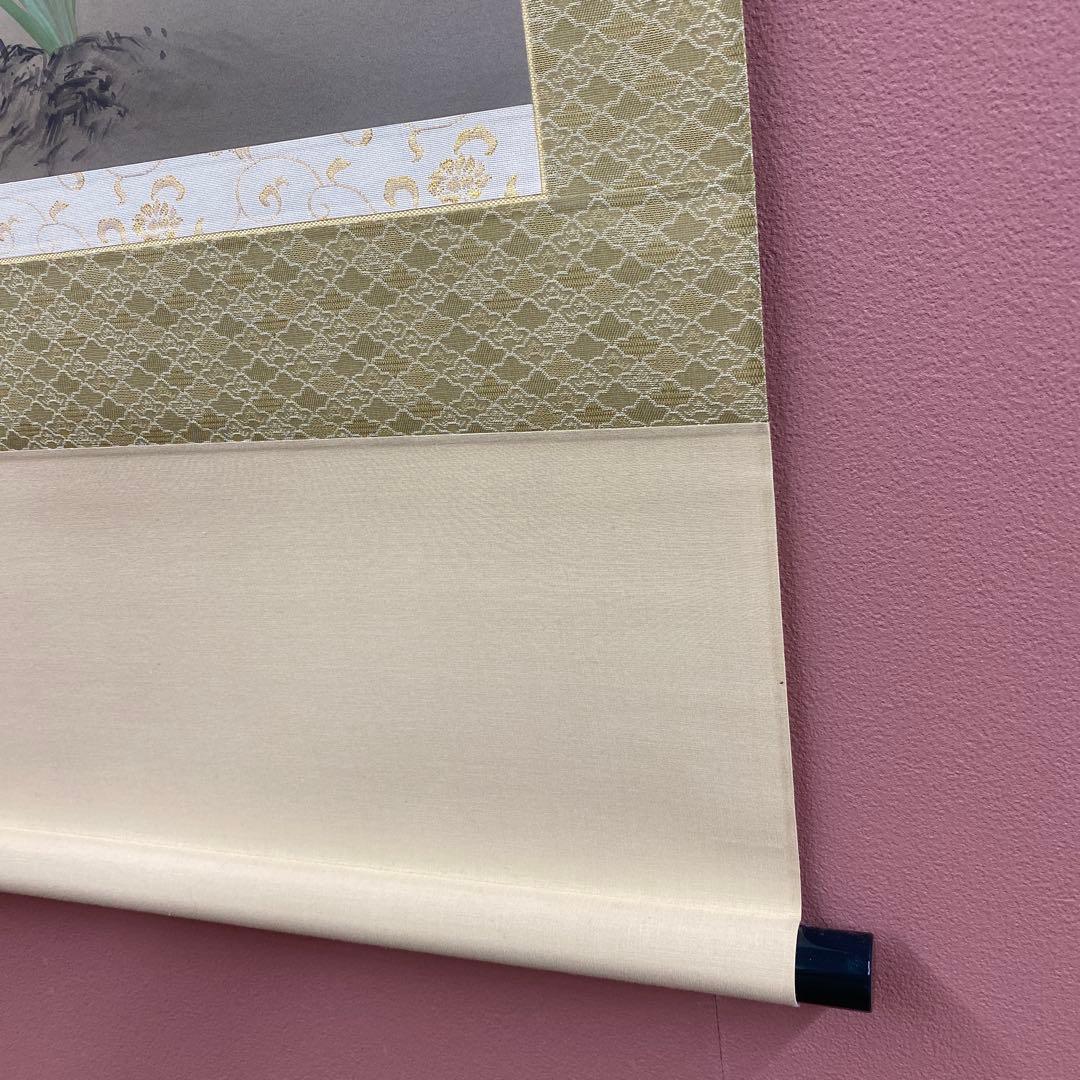 美品 掛け軸 大野橙月作 四季草花図 共箱 太巻き付 花鳥 南天 牡丹 縁起物