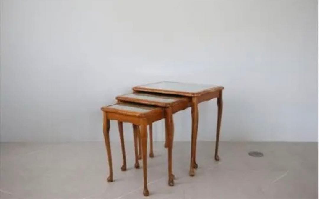 英国アンティーク猫脚ネストテーブル3台/木製机/サイドテーブル(88-211)