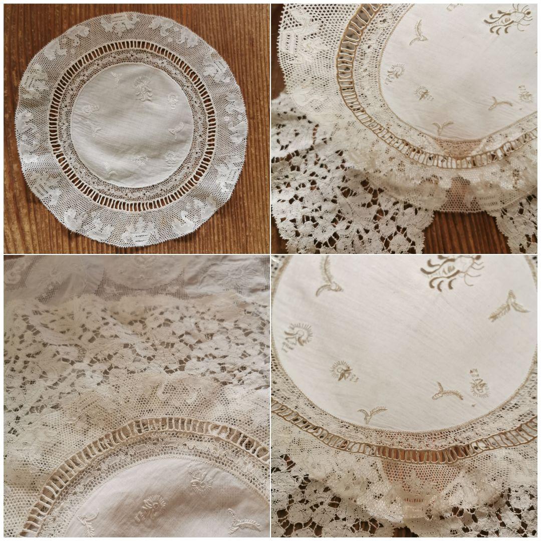 アンティーク 蛍 白鳥 手刺繍リネンドイリー ポワンドパリ 淡いグリーンエクリュ