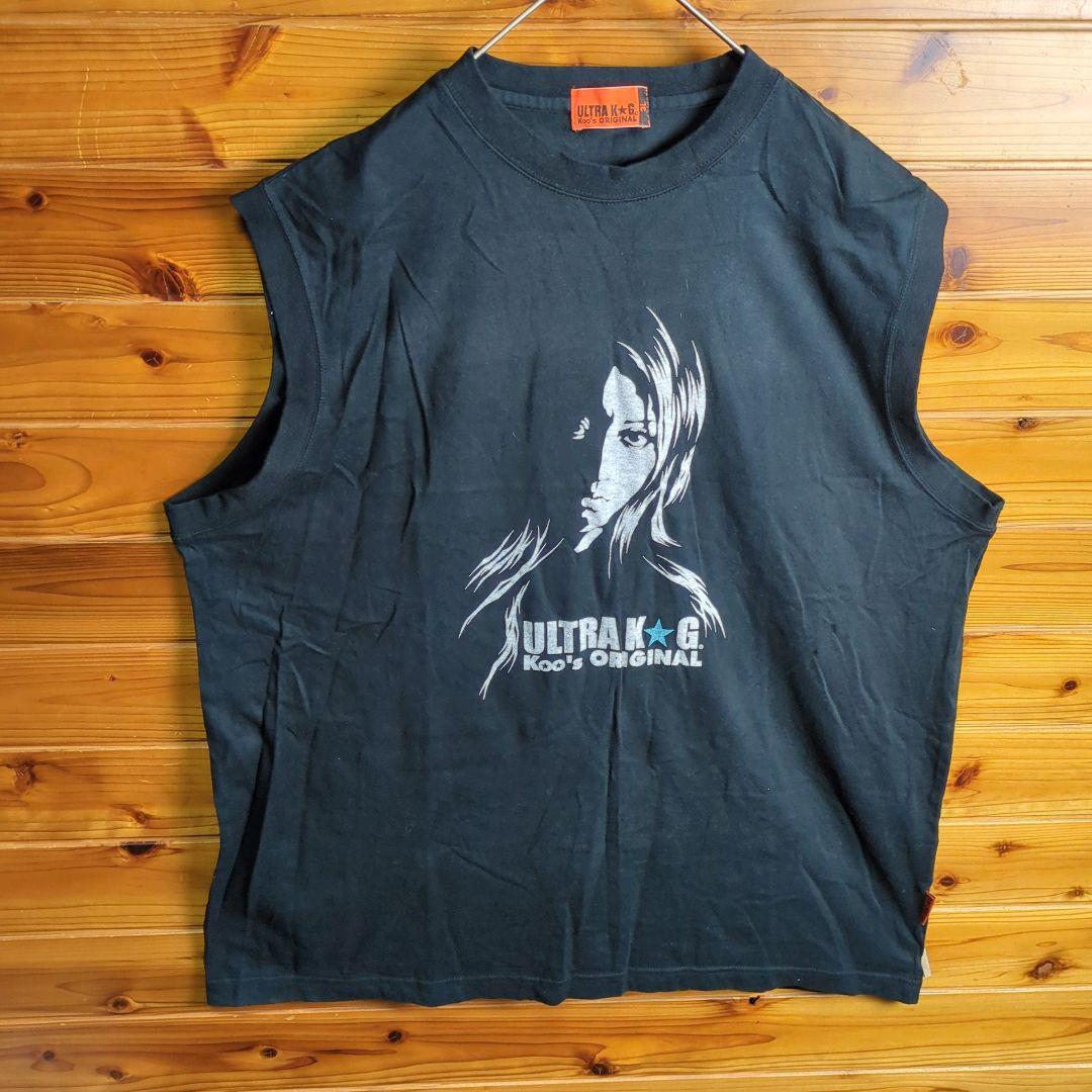 タンクトップ　ノースリーブトップス　ヒスガール風　女性　黒　3L　2XL　古着