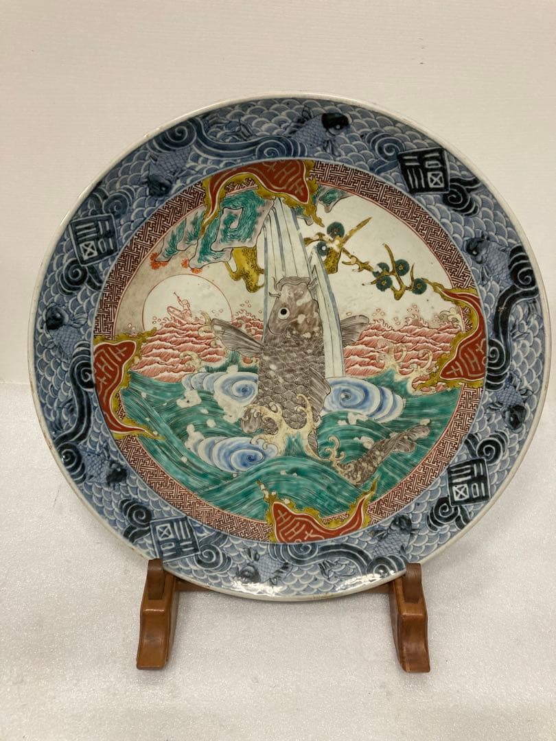 Lemon様★江戸時代 美術品 古伊万里 川に鯉に図 約46.5㎝ 飾り大皿