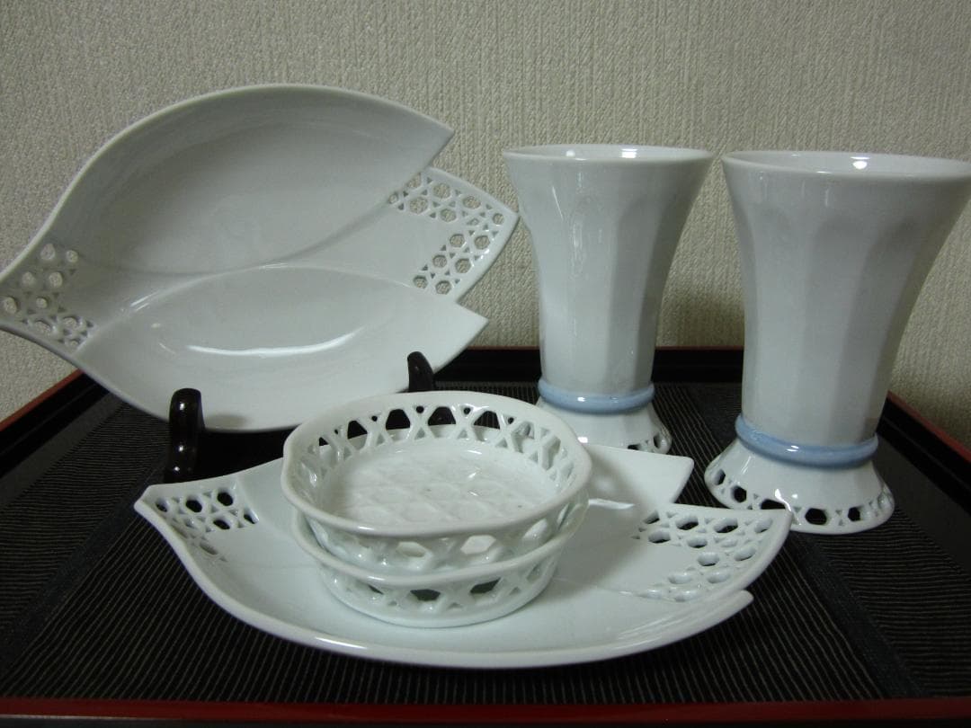 ６点◆平戸焼 三川内焼◆十四代 玉泉作◆冷茶・焼酎・ビールグラス②茶托②盛皿②